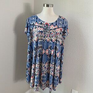Cocomo Woman Plus 3X Blue Short Flutter Sleeve Tunic Top Stretch Shirt